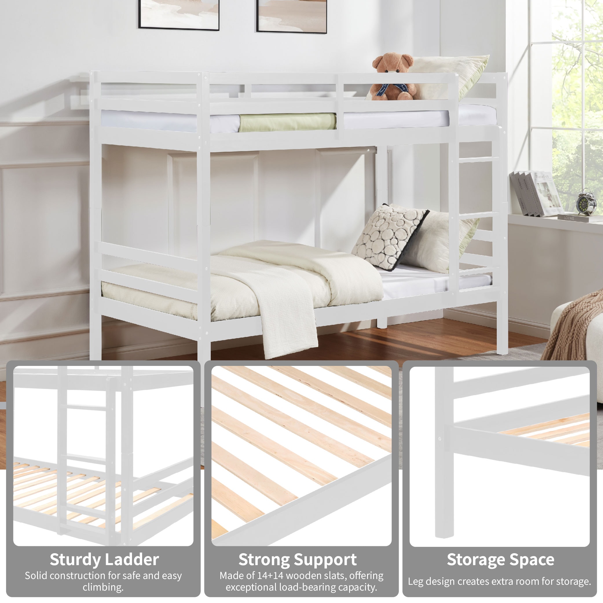 Twin over Twin Bunk Bed with Ladder,Wooden Bunk Bed with High Guardrail and Ladder for Kids, Teens, Dorm Rooms, and Guest Rooms,No Box Spring Needed,White